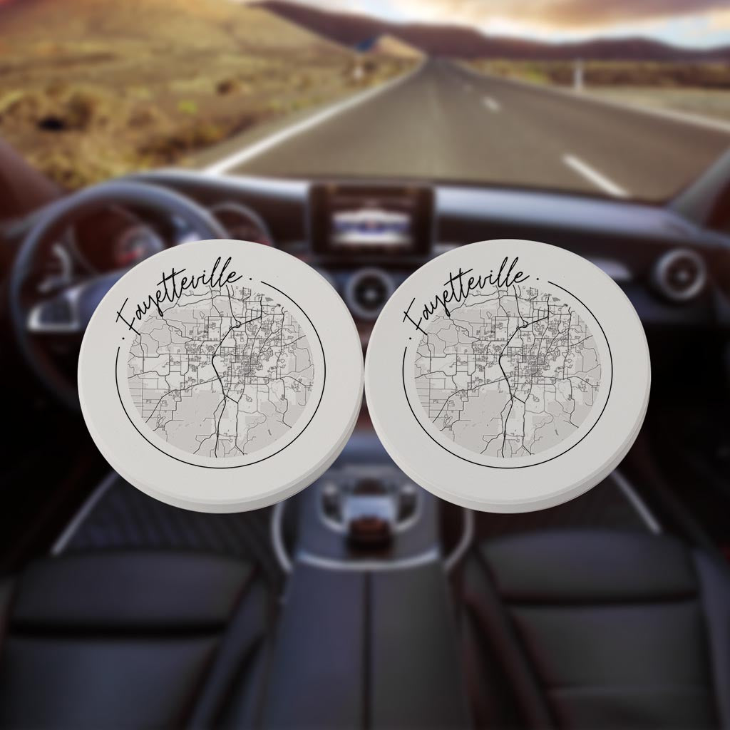 B&W Minimalist Arkansas Fayetteville Circle Map | Absorbent Car Coasters | Set of 2 | Min 4