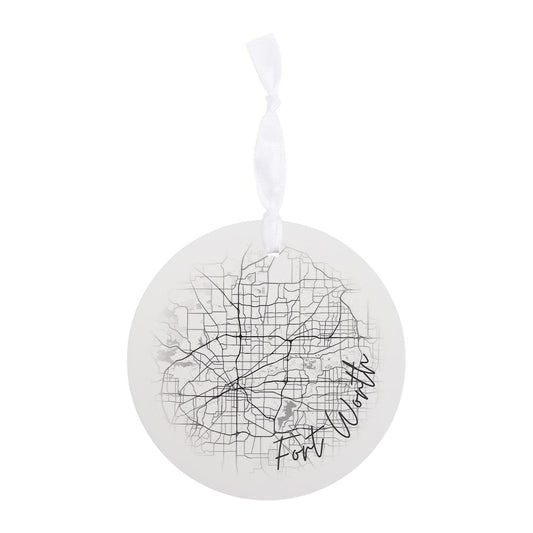 Minimalistic B&W Texas Fort Worth Circle Map | Wood Ornament | Eaches | Min 6