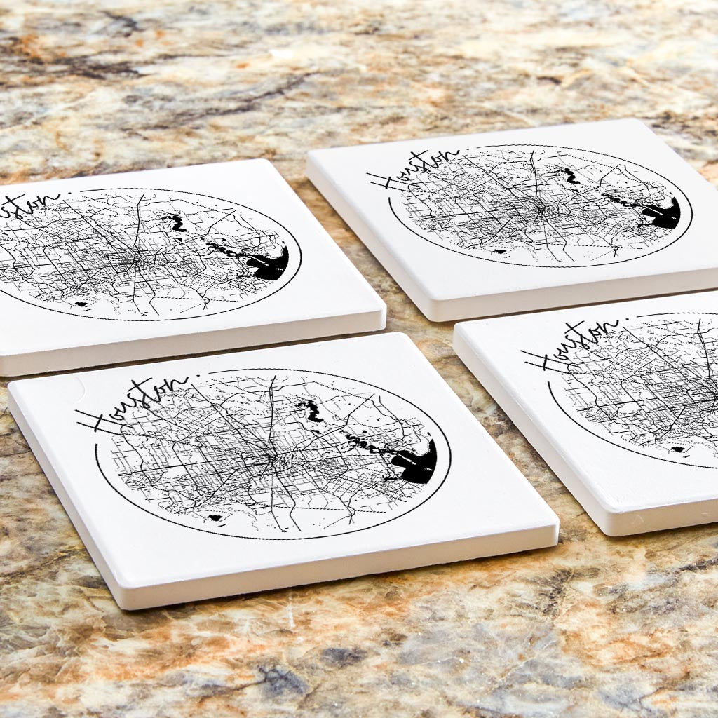 Modern Houston White Round Map | Absorbent Coasters | Set of 4 | Min 2