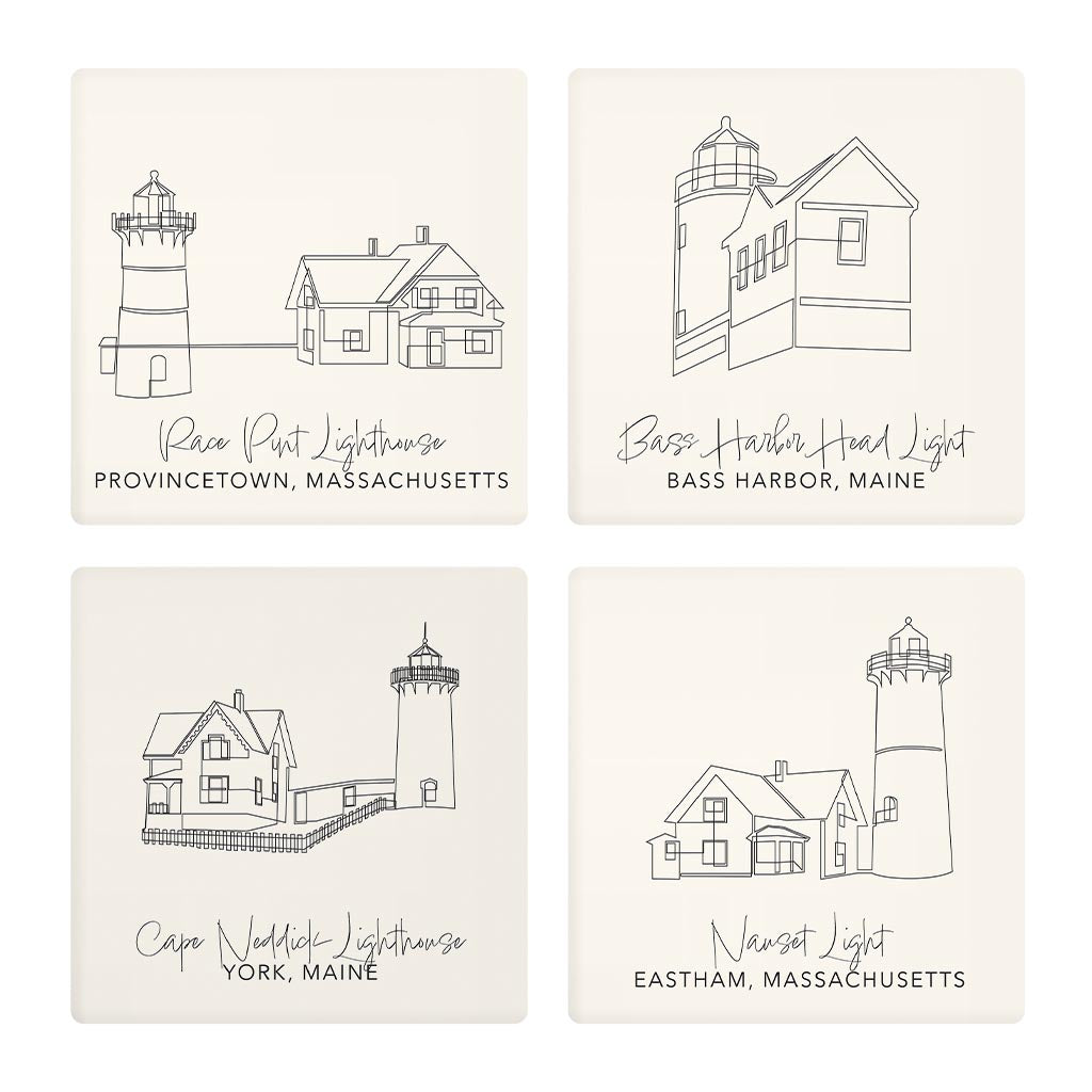 New England Lighthouses Cream Colored | Absorbent Coasters | Set of 4 | Min 2