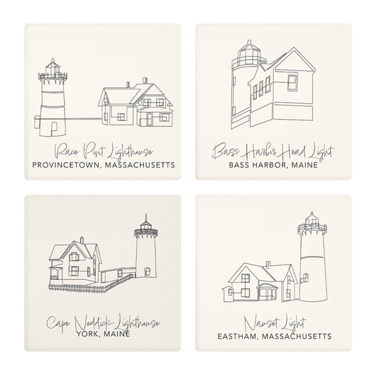 New England Lighthouses Cream Colored | Absorbent Coasters | Set of 4 | Min 2