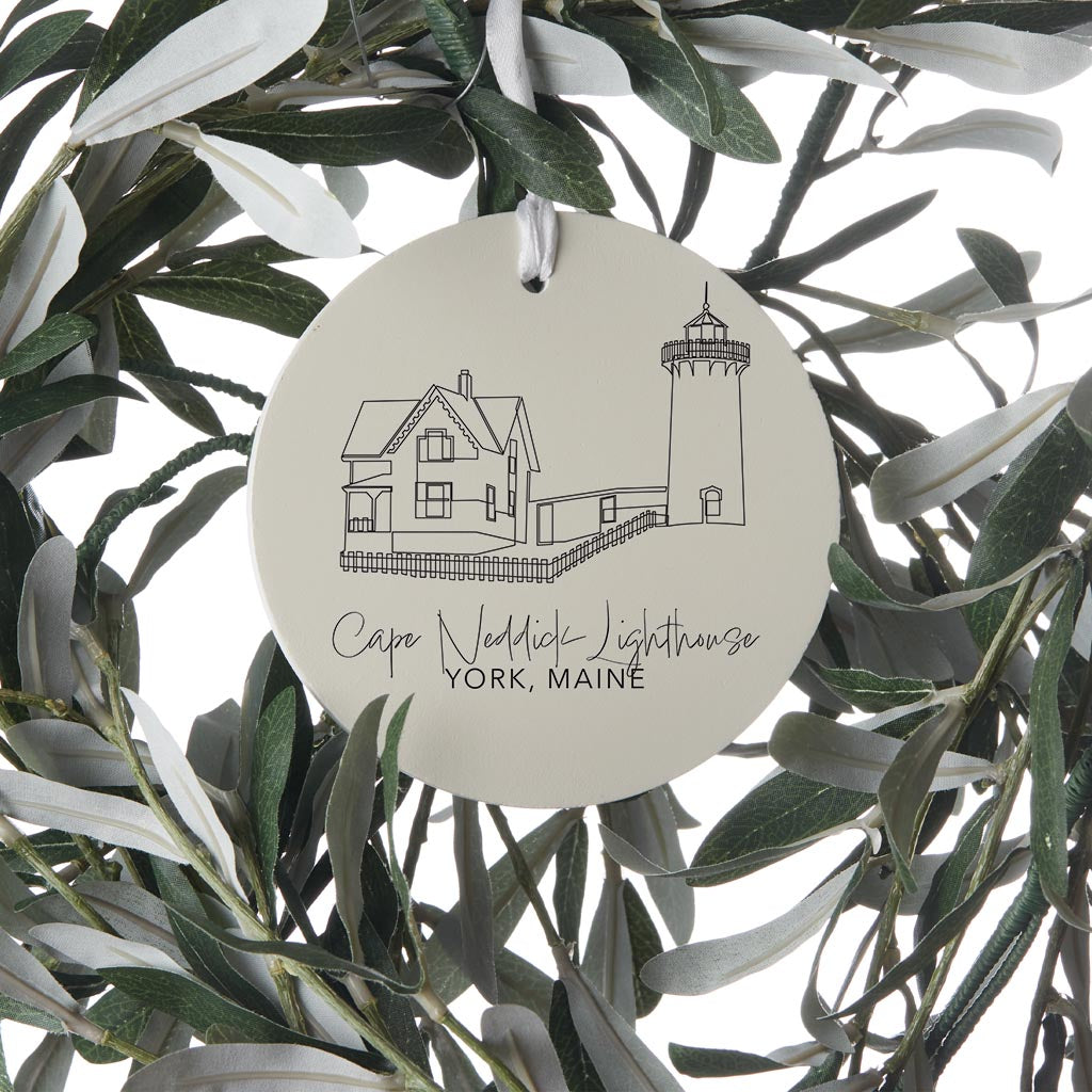 Cream Cape Neddick Lighthouse| Wood Ornament | Eaches | Min 6