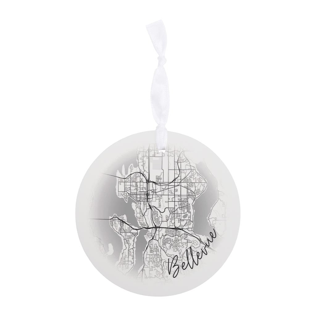 Minimalistic B&W Washington Bellevue Circle Map | Wood Ornament | Eaches | Min 6