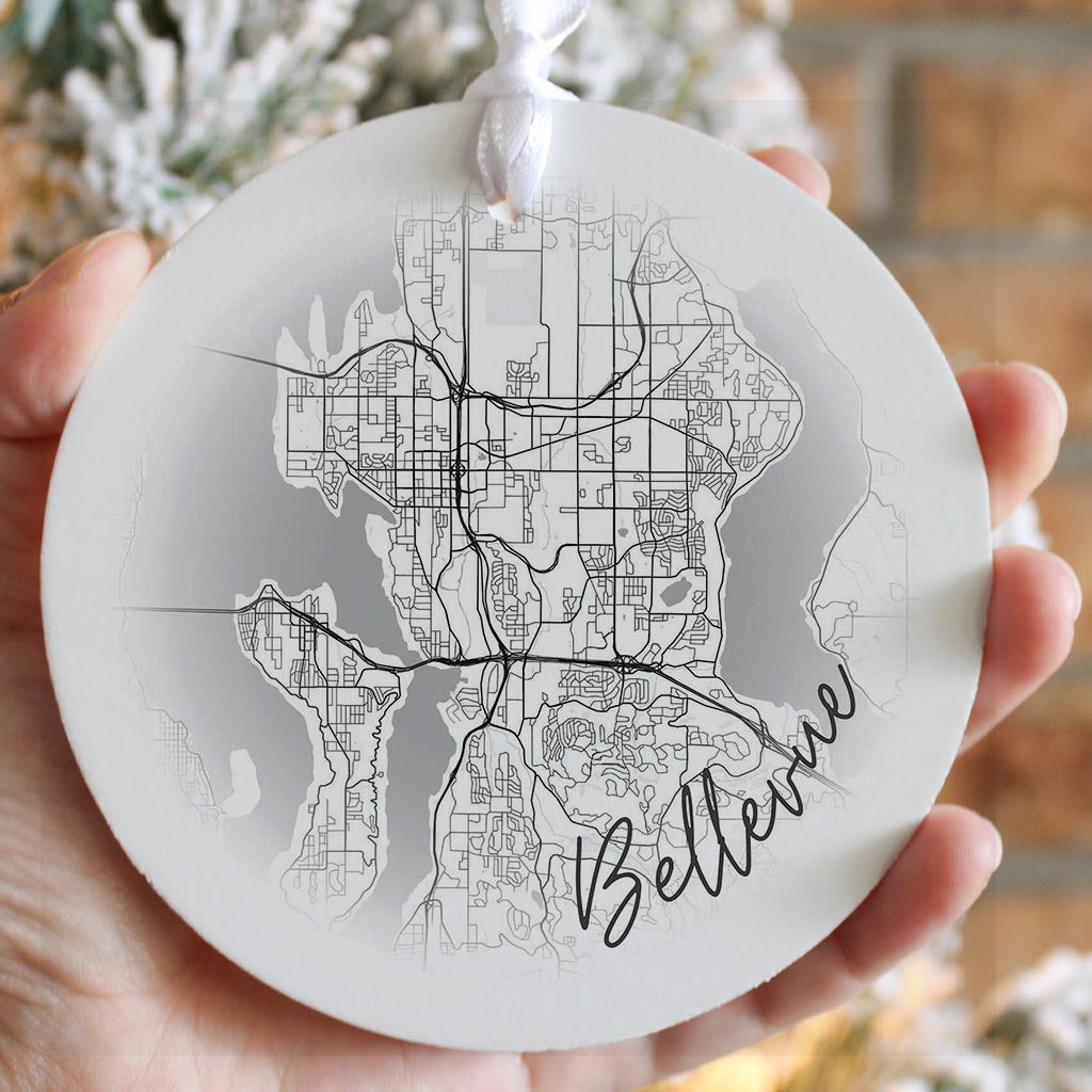 Minimalistic B&W Washington Bellevue Circle Map | Wood Ornament | Eaches | Min 6