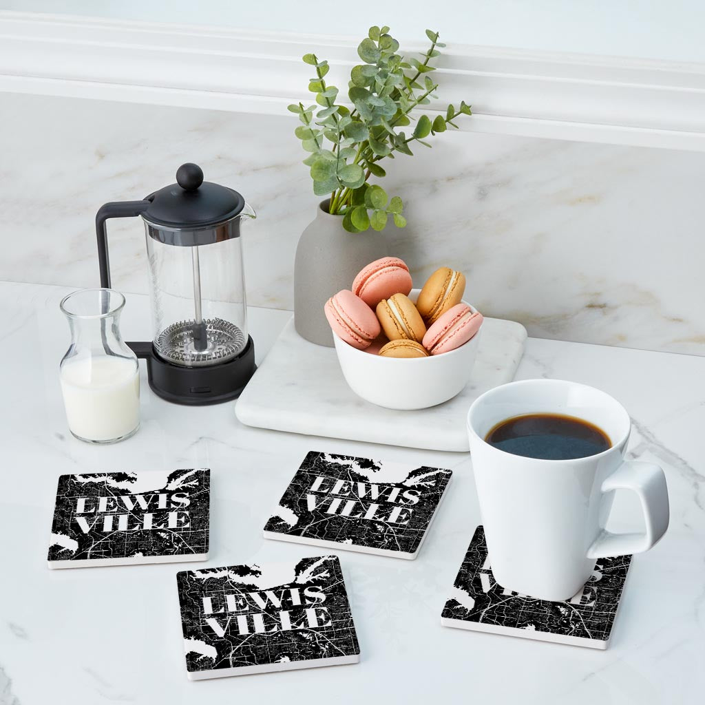 Minimalistic B&W Texas Lewisville Map| Absorbent Coasters | Set of 4 | Min 2