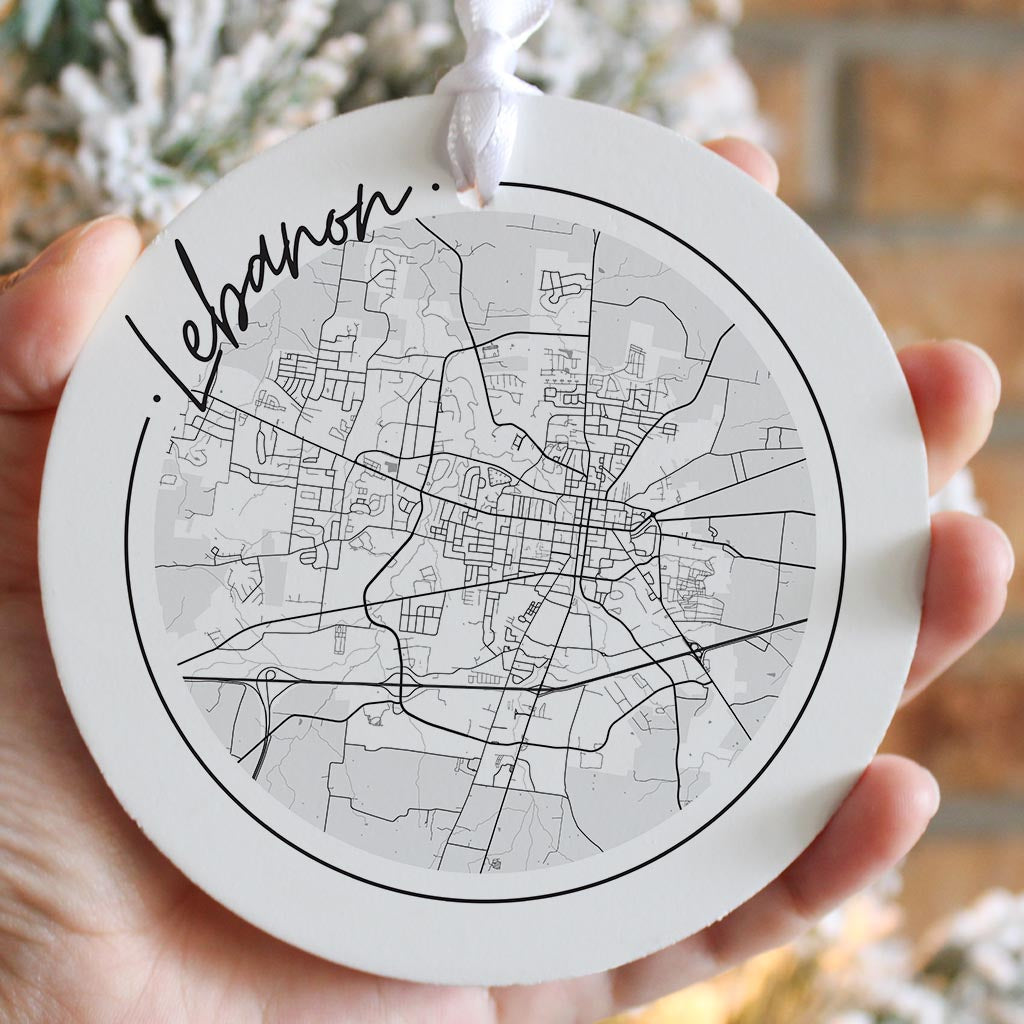 Minimalist B&W Tennessee Lebanon Circle Map| Wood Ornament | Eaches | Min 6