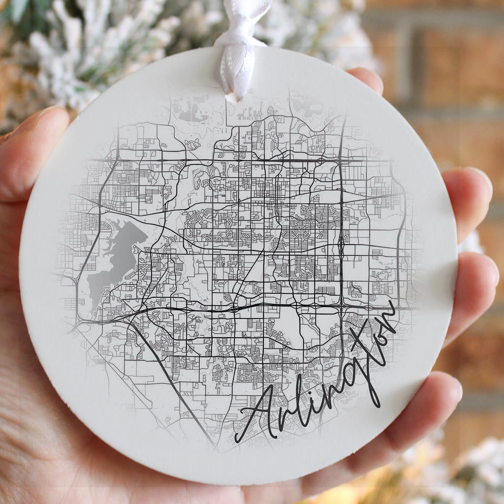 Minimalistic B&W Texas Arlington Circle Map | Wood Ornament | Eaches | Min 6