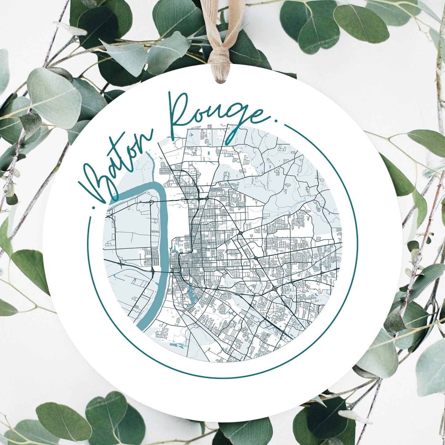 Blue White Baton Rouge Circle Map | Wood Ornament | Eaches | Min 1