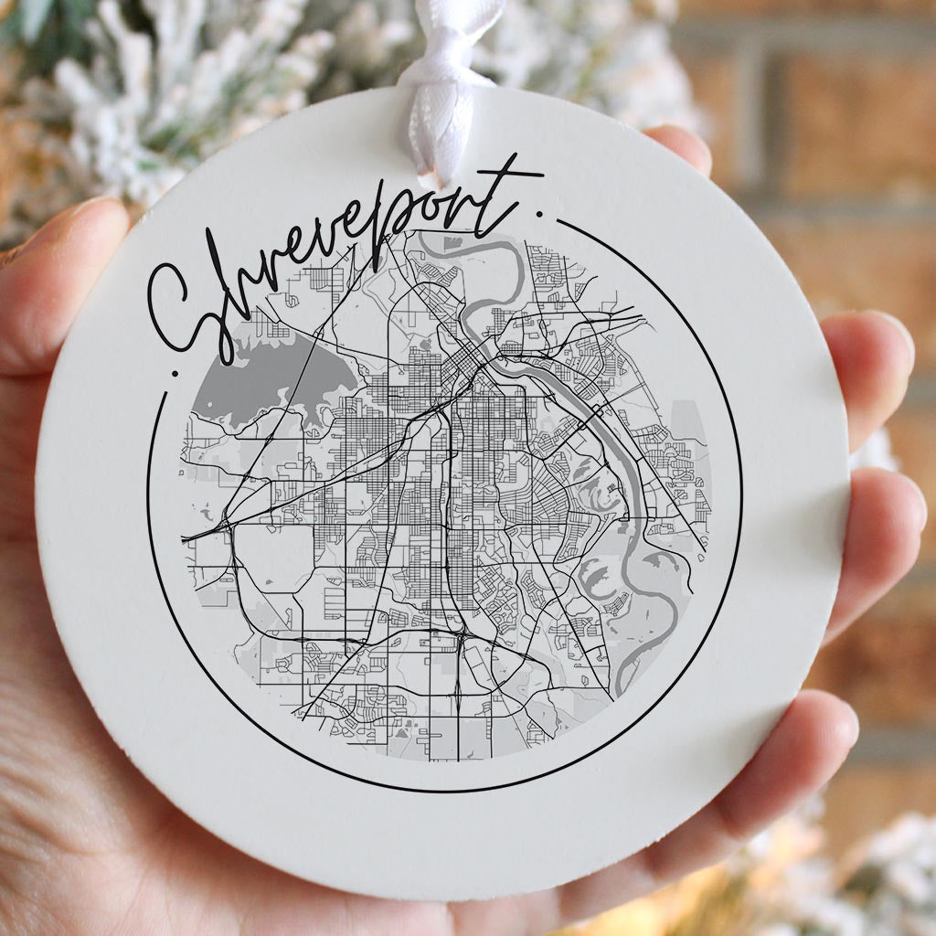 Modern Louisiana Shreveport Circle Map| Wood Ornament | Eaches | Min 6