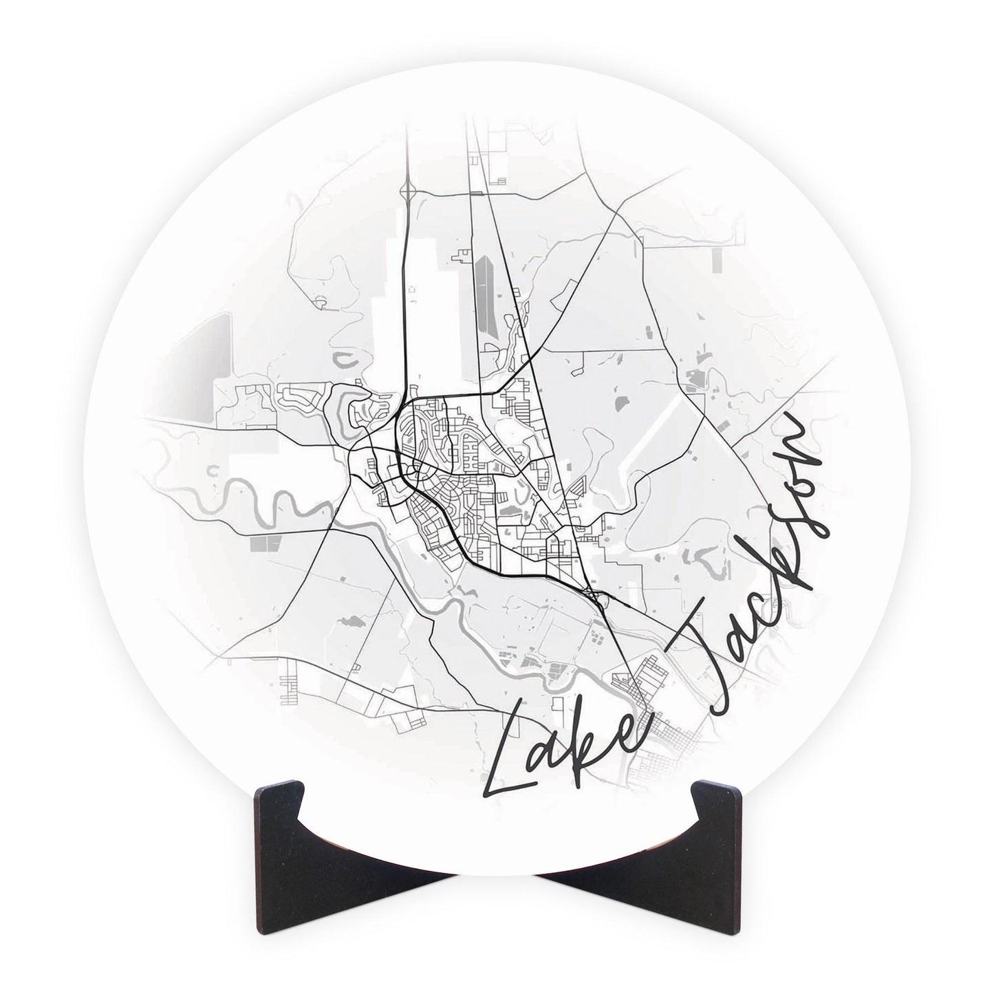 Minimalistic B&W Texas Lake Jackson Circle Map | Wood Sign | Eaches | Min 1