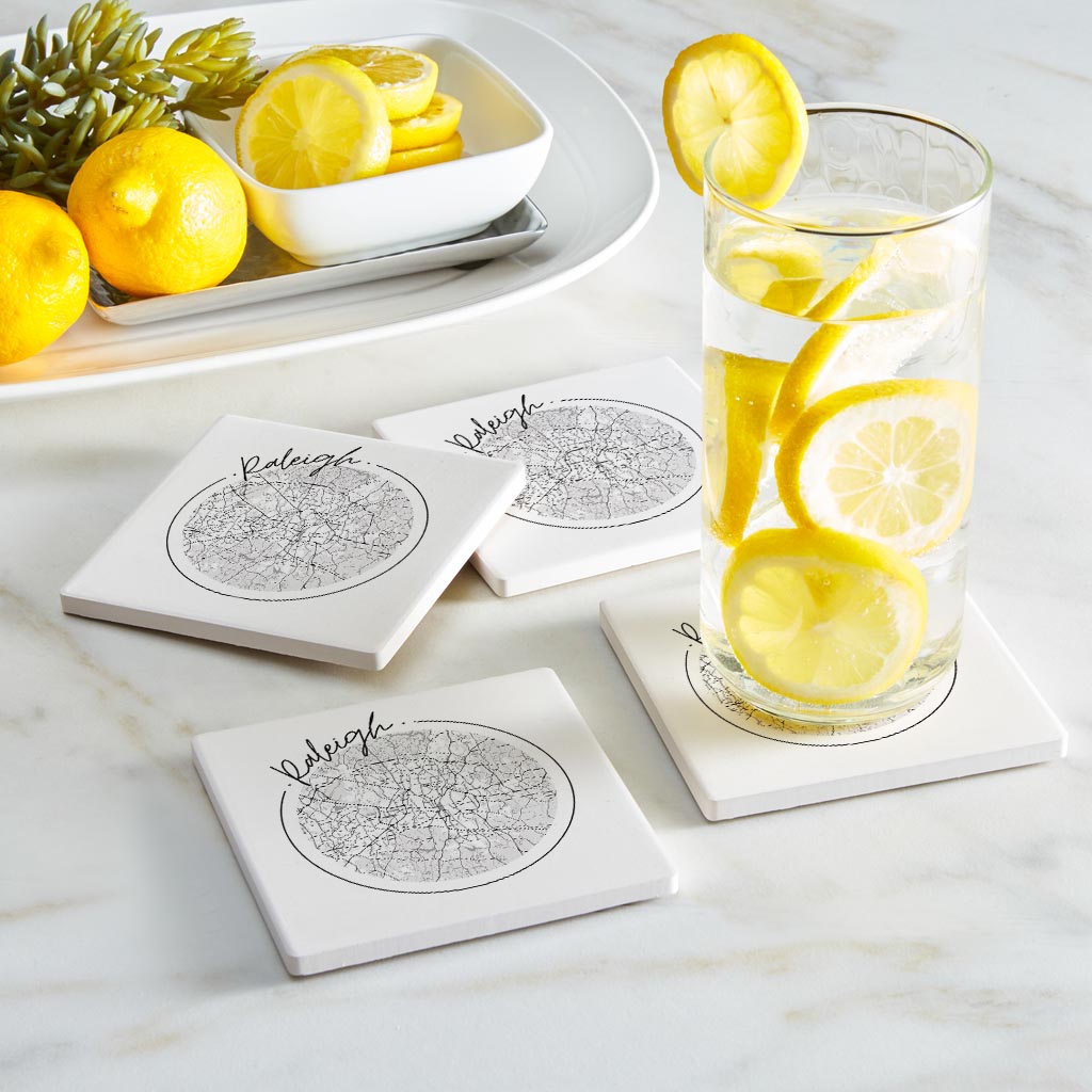 Minimalistic B&W North Carolina Raleigh Circle Map | Absorbent Coasters | Set of 4 | Min 2