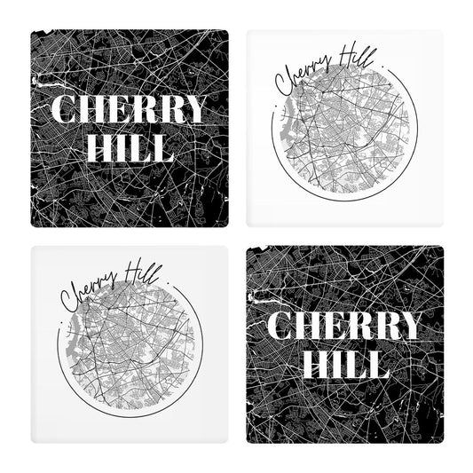 Minimalistic B&W New Jersey Cherry Hill Maps | Absorbent Coasters | Set of 4 | Min 2