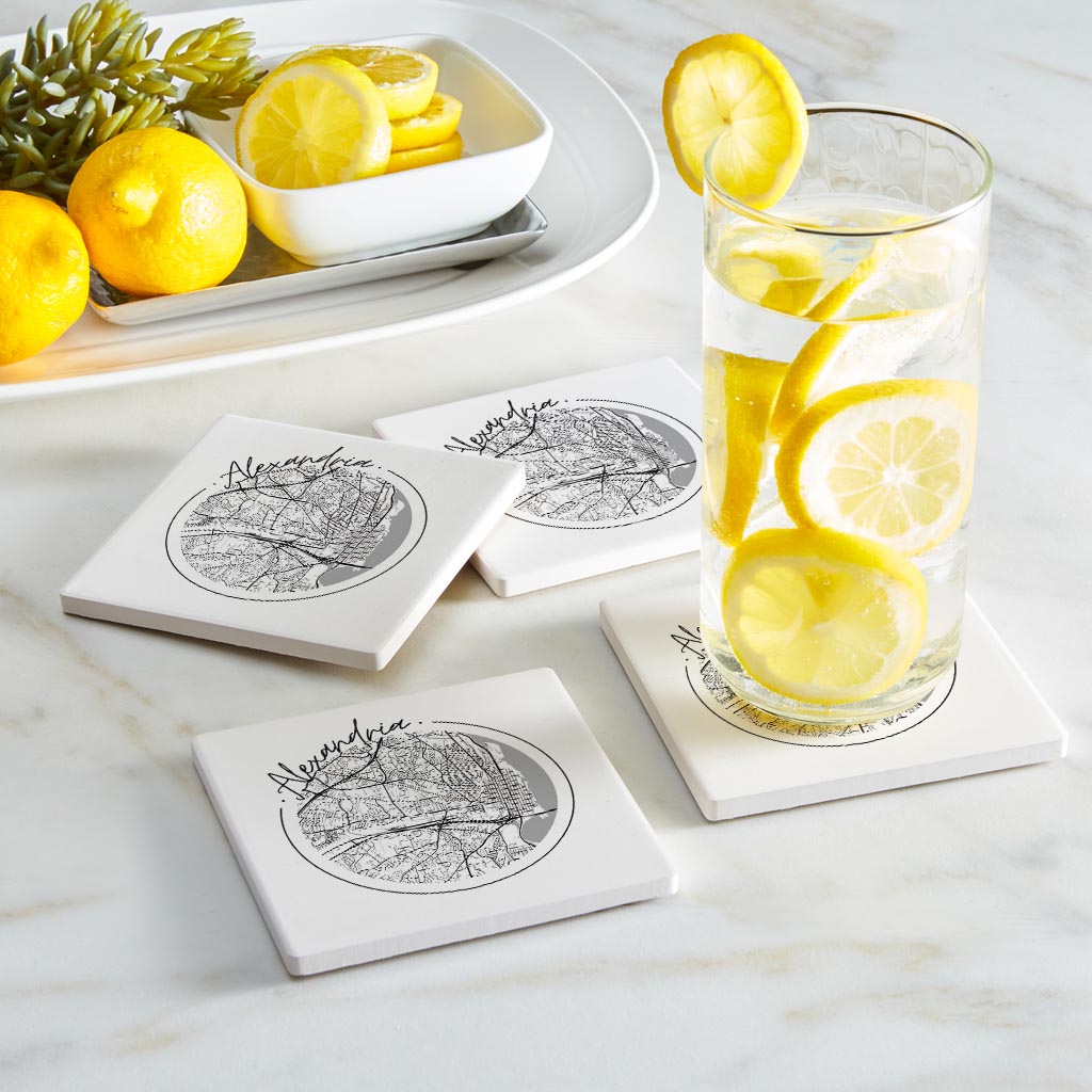 Minimalistic B&W Virginia Alexandria Circle Map| Absorbent Coasters | Set of 4 | Min 2