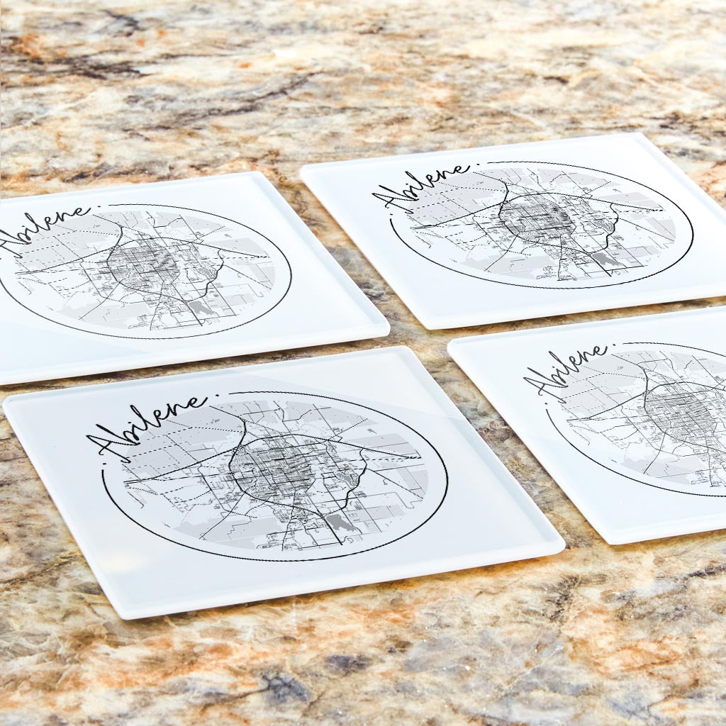 Minimalist B&W Texas Abilene Circle Map | Hi-Def Glass Coasters | Set of 4 | Min 2
