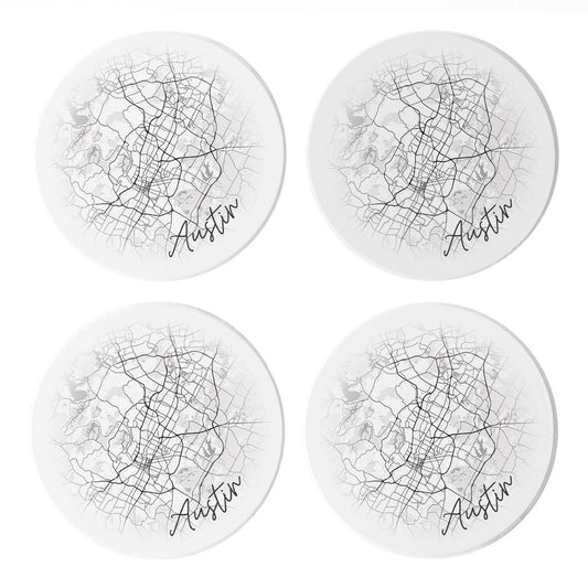 Minimalistic B&W Texas Austin Circle Map | Absorbent Coasters | Set of 4 | Min 2