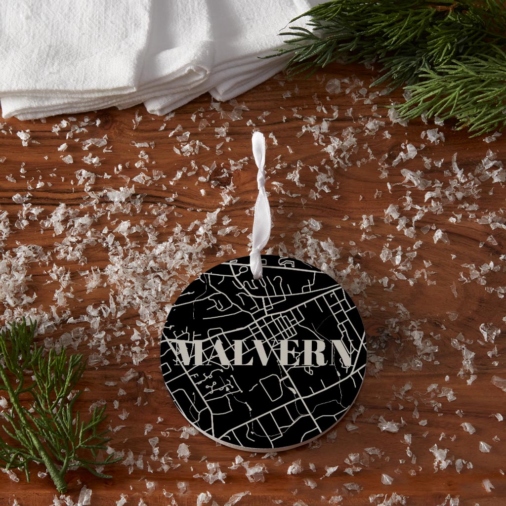 Minimalistic B&W Pennsylvania Malvern Map | Wood Ornament | Eaches | Min 6