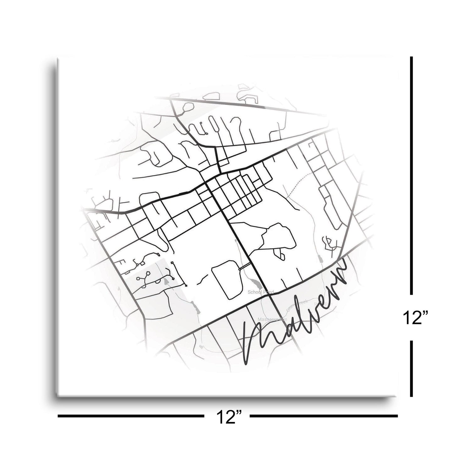 Minimalistic B&W Pennsylvania Malvern Circle Map | Hi-Def Glass Art | Eaches | Min 1