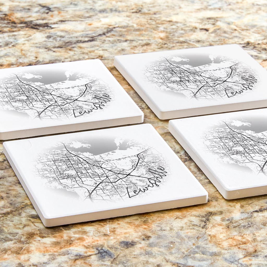 Minimalistic B&W Texas Lewisville Circle Map| Absorbent Coasters | Set of 4 | Min 2