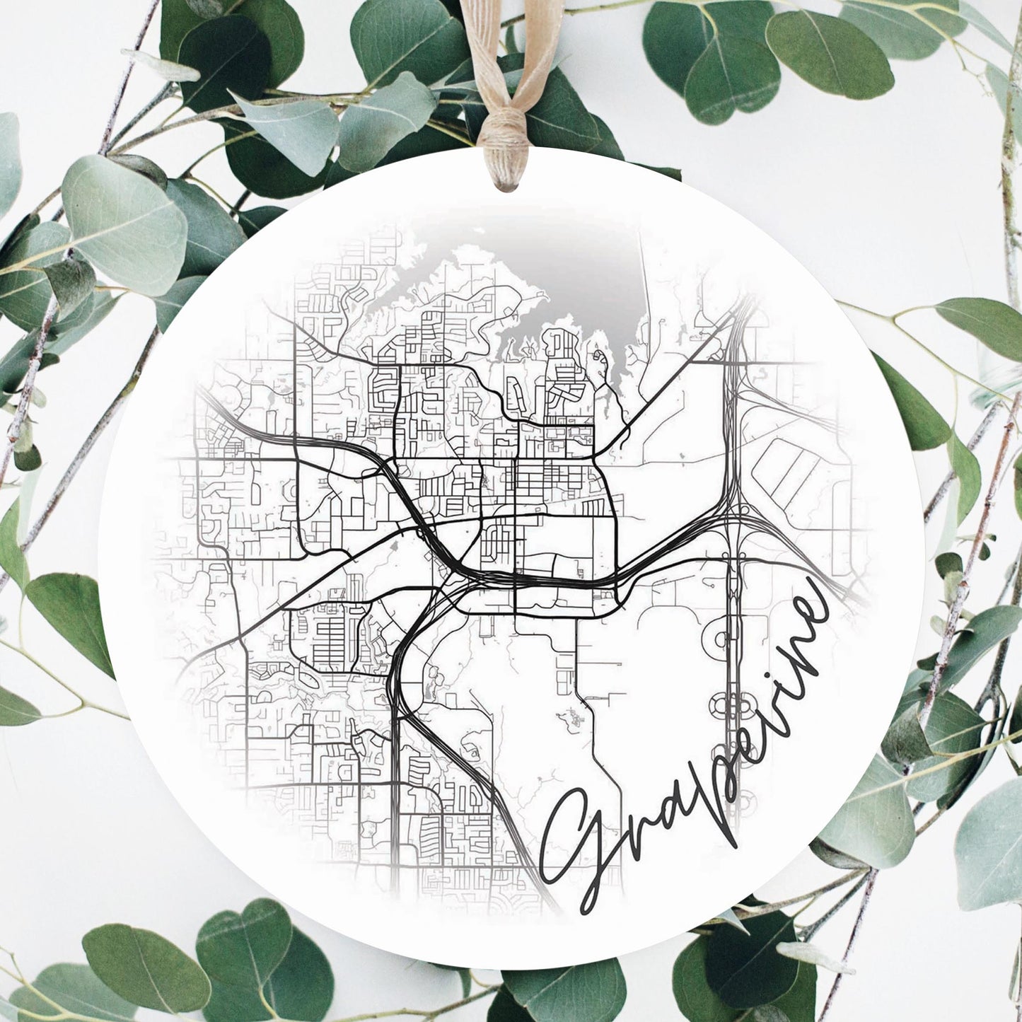 Minimalistic B&W Texas Grapevine Circle Map | Wood Ornament | Eaches | Min 1