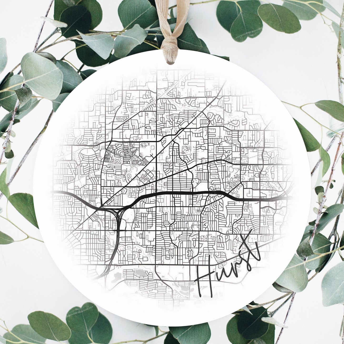 Minimalistic B&W Texas Hurst Circle Map | Wood Ornament | Eaches | Min 1