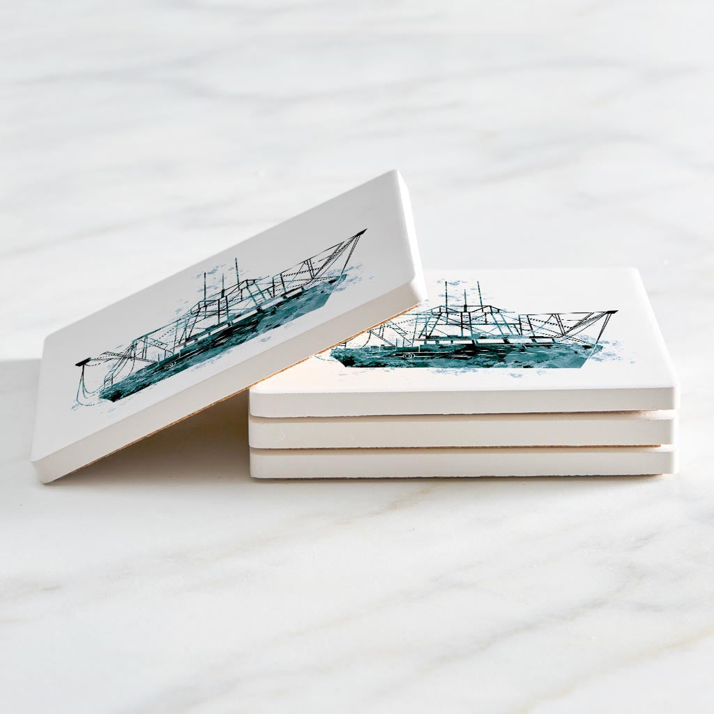 Blue White Water Color Shrimp Boat| Absorbent Coasters | Set of 4 | Min 2