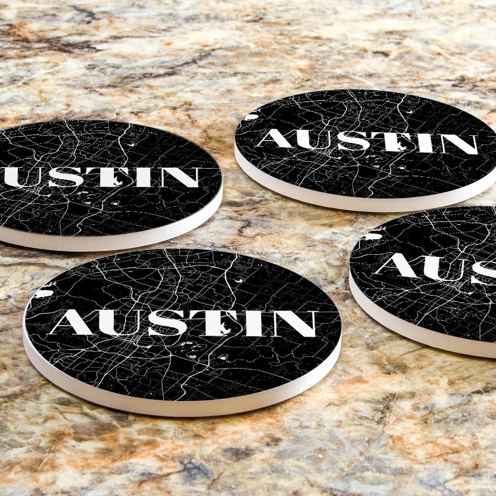 Minimalistic B&W Texas Austin Map| Absorbent Coasters | Set of 4 | Min 2