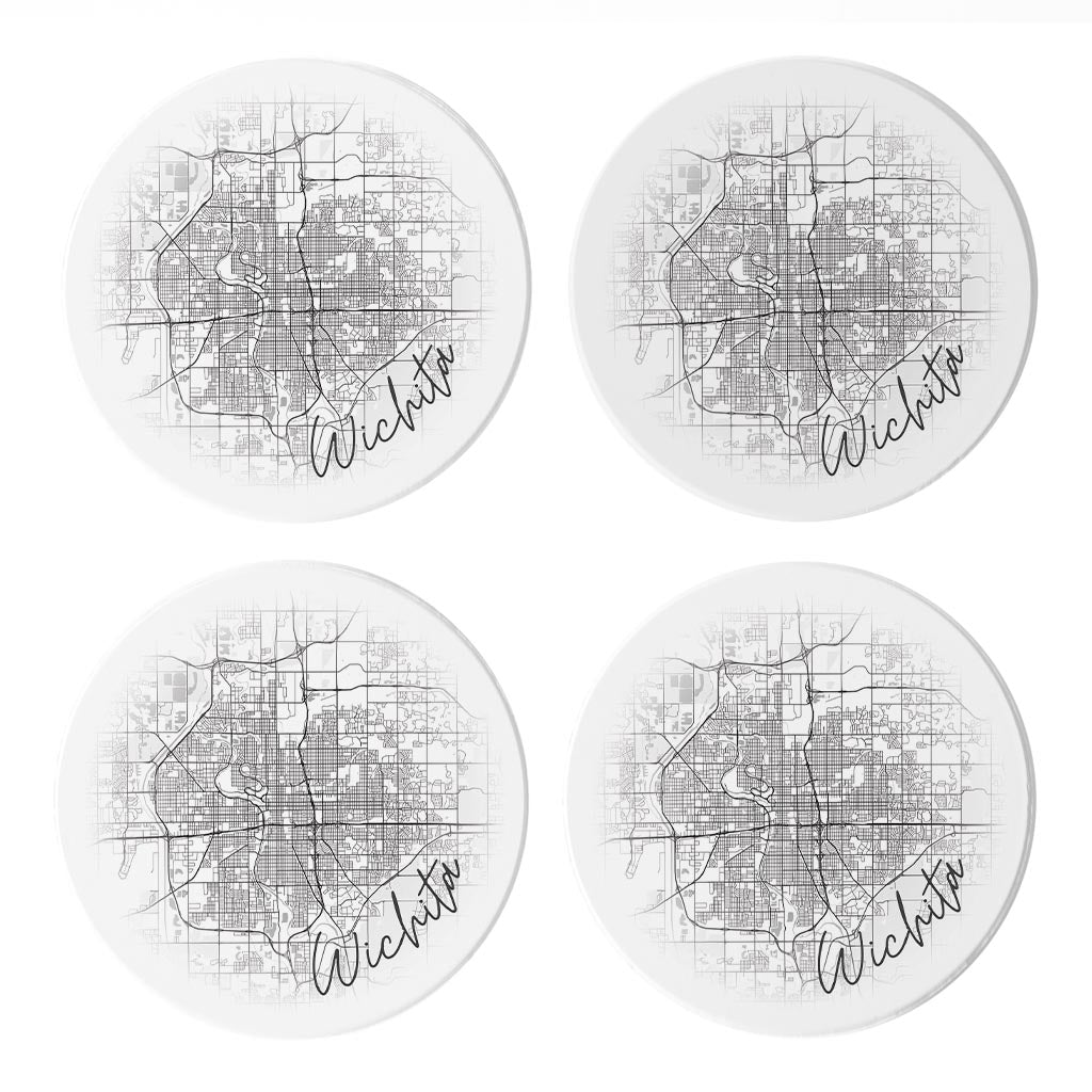 Minimalistic B&W Kansas Wichita Circle Map | Absorbent Coasters | Set of 4 | Min 2