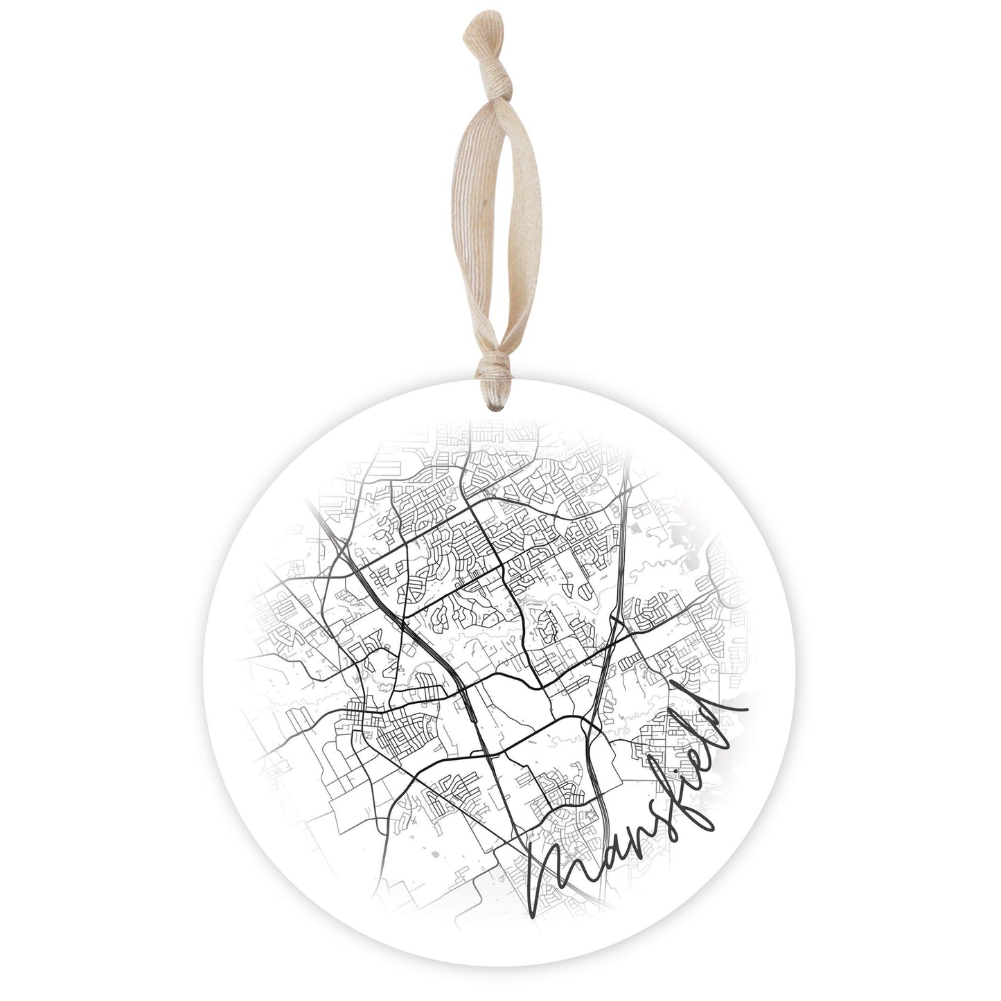 Minimalistic B&W Texas Mansfield Circle Map | Wood Ornament | Eaches | Min 1