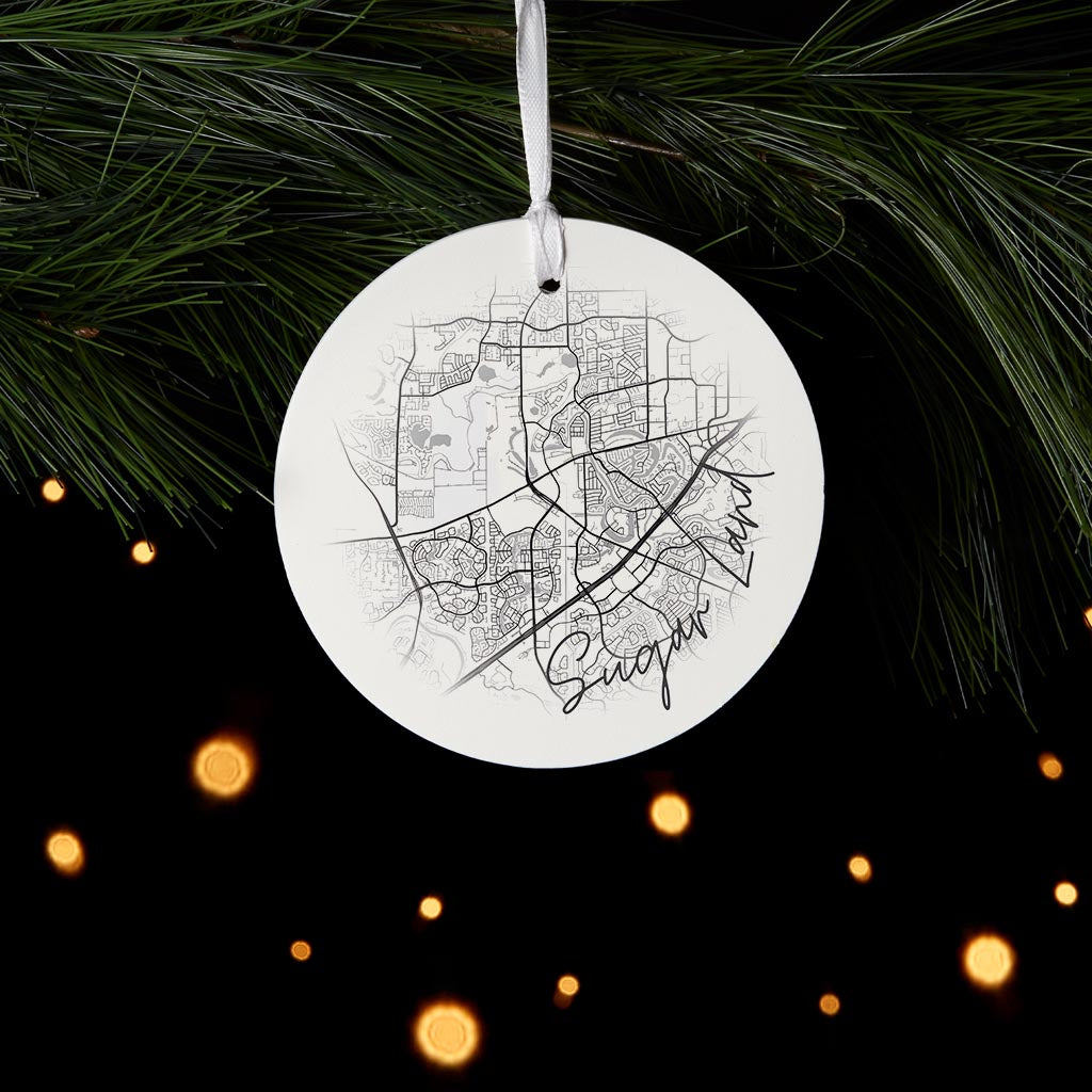 Minimalistic B&W Texas Sugarland Circle Map | Wood Ornament | Eaches | Min 6