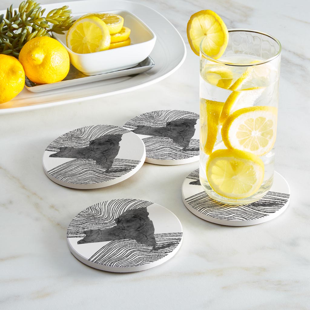 Minimalistic B&W New York State With Fluid Lines | Absorbent Coasters | Set of 4 | Min 2