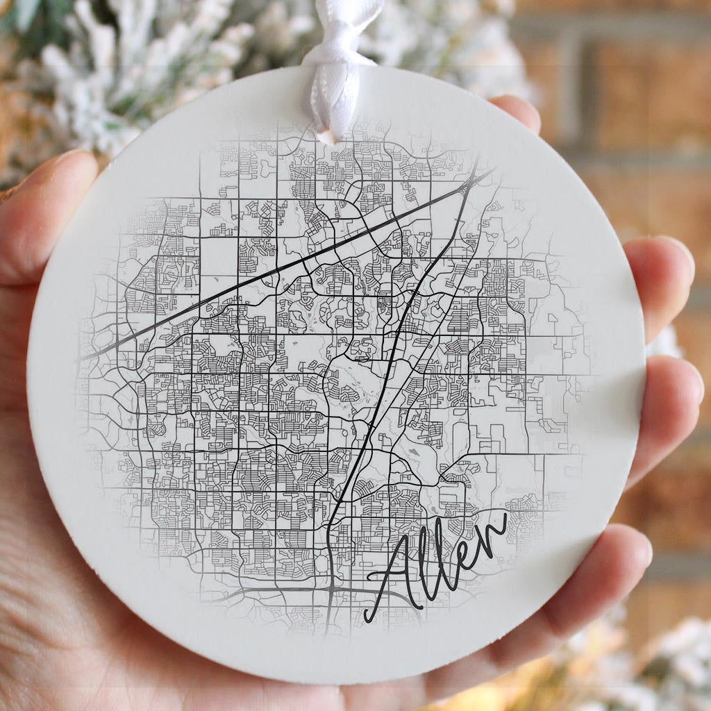 Minimalistic B&W Texas Allen Circle Map | Wood Ornament | Eaches | Min 6