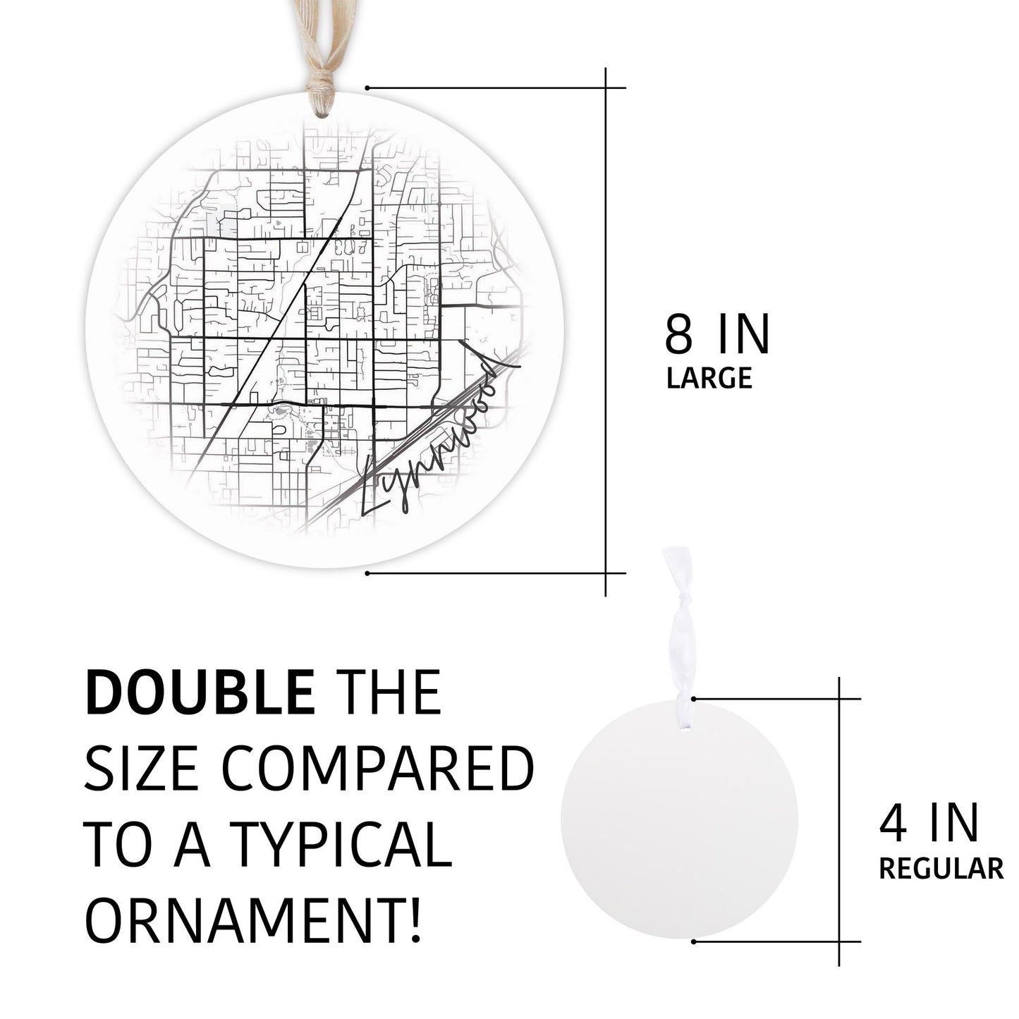 Minimalistic B&W Washington Lynnwood Circle Map | Wood Ornament | Eaches | Min 1