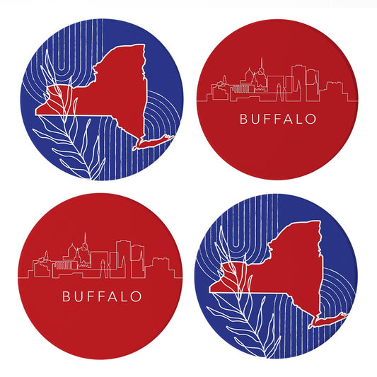 Red White And Blue New York State Buffalo Skyline | Absorbent Coasters | Set of 4 | Min 2