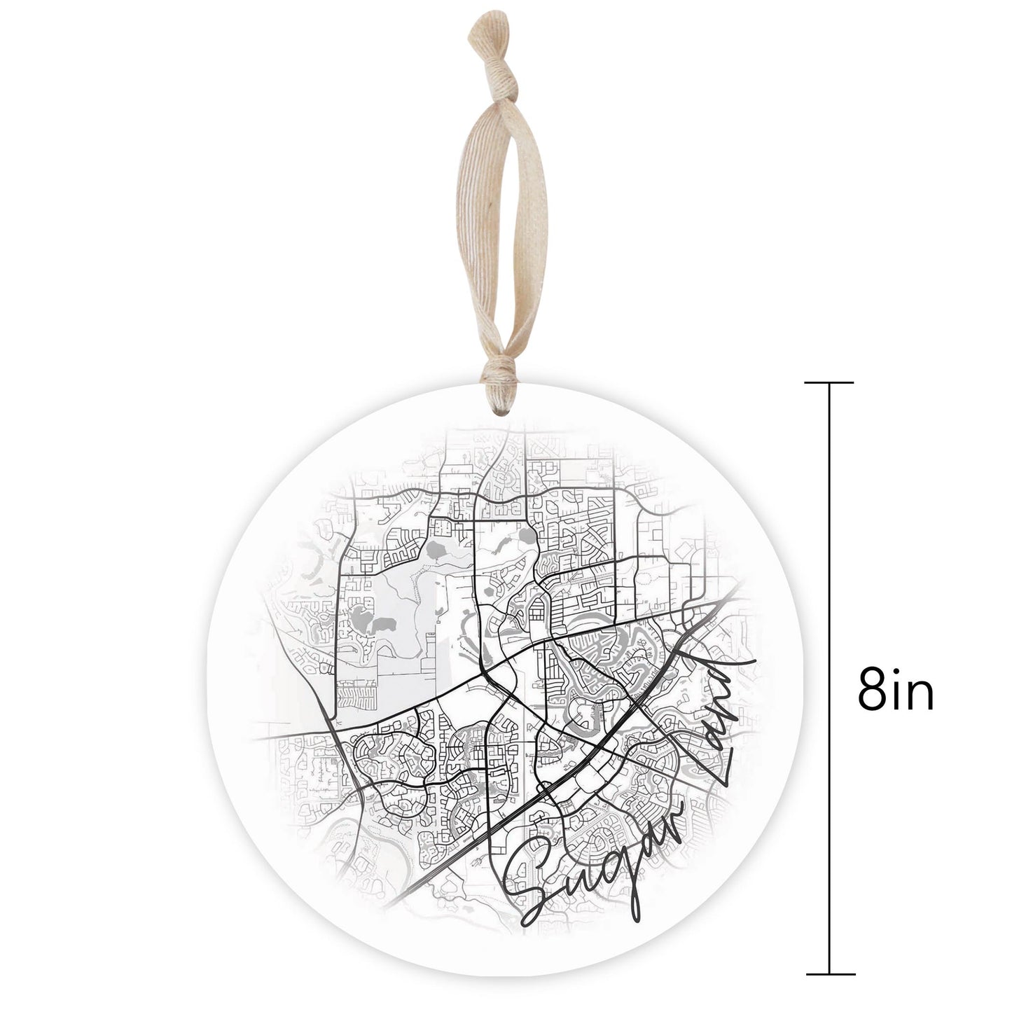 Minimalistic B&W Texas Sugarland Circle Map | Wood Ornament | Eaches | Min 1