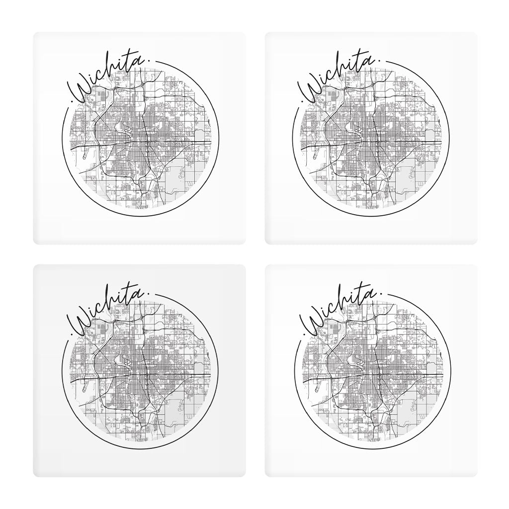 Minimalist B&W Kansas Wichita Circle Map | Absorbent Coasters | Set of 4 | Min 2