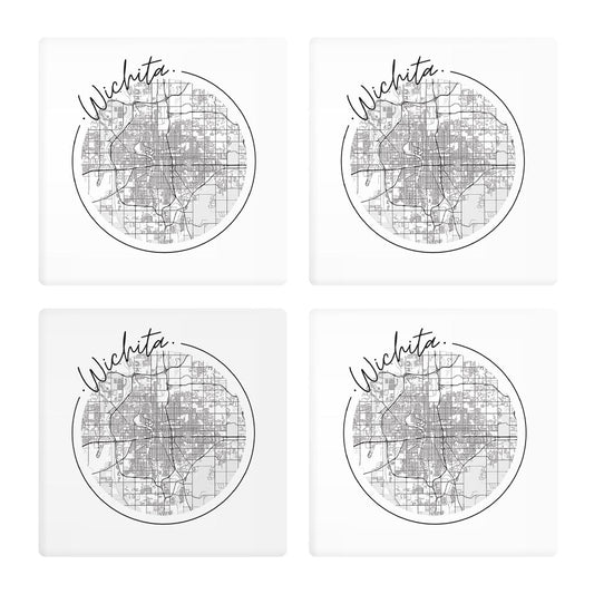 Minimalist B&W Kansas Wichita Circle Map | Absorbent Coasters | Set of 4 | Min 2