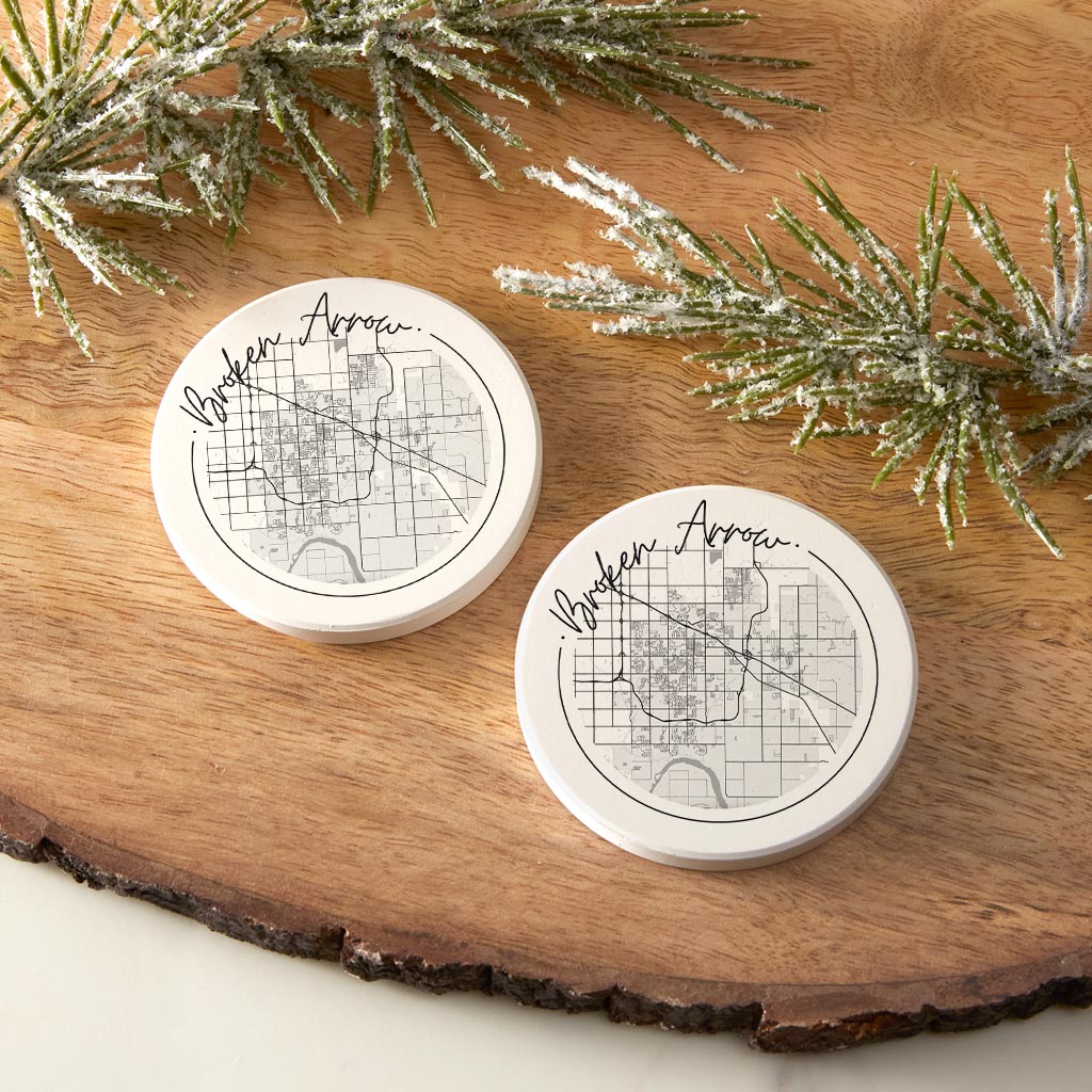 Modern Oklahoma Broken Arrow Map | Absorbent Car Coasters | Set of 2 | Min 4