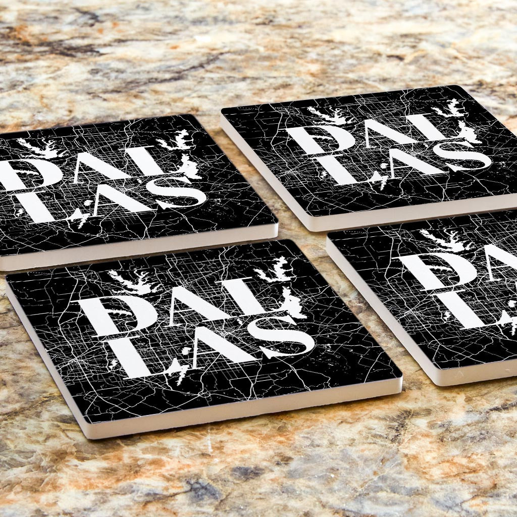 Modern Black Dallas Map | Absorbent Coasters | Set of 4 | Min 2