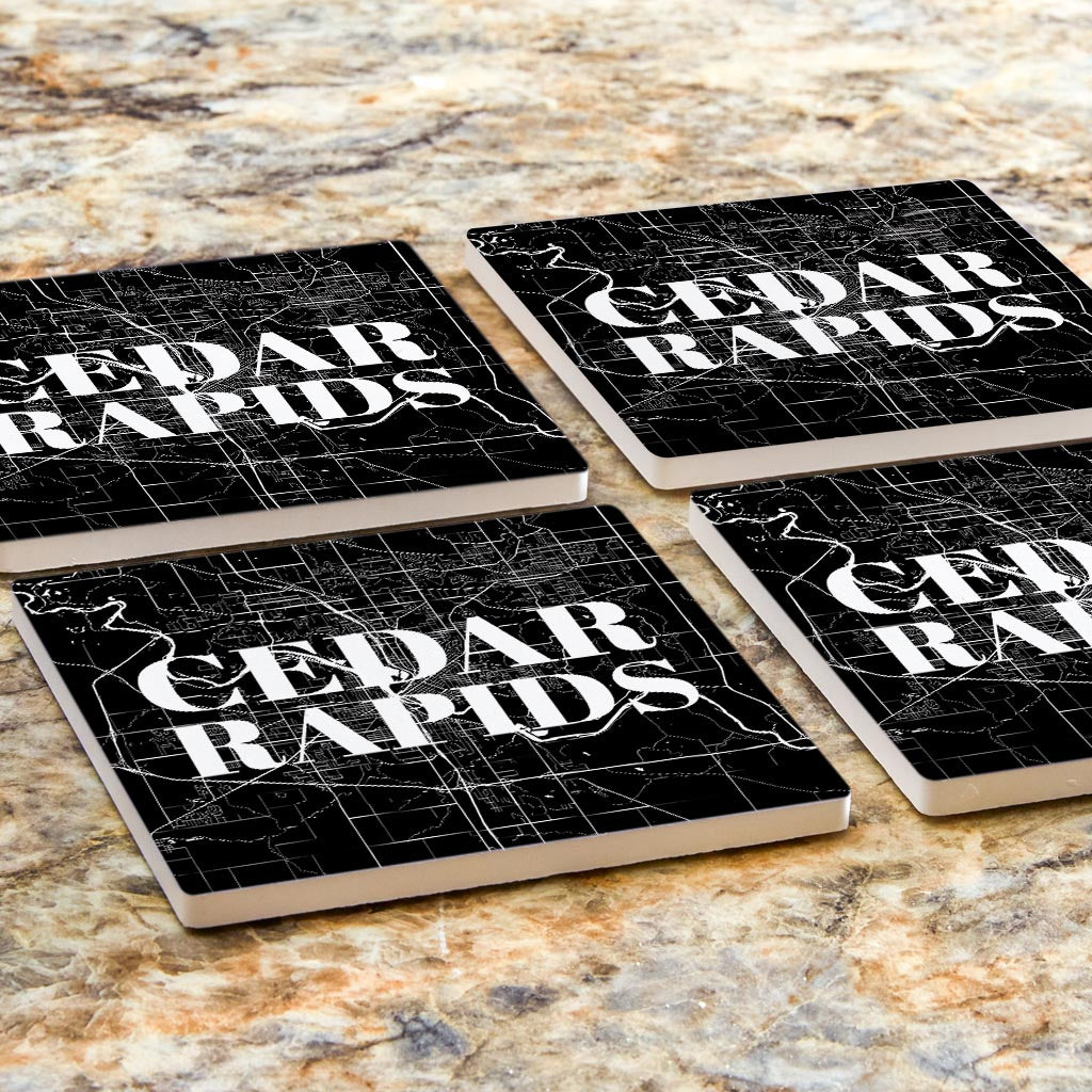 Minimalistic B&W Iowa Cedar Rapids Map | Absorbent Coasters | Set of 4 | Min 2