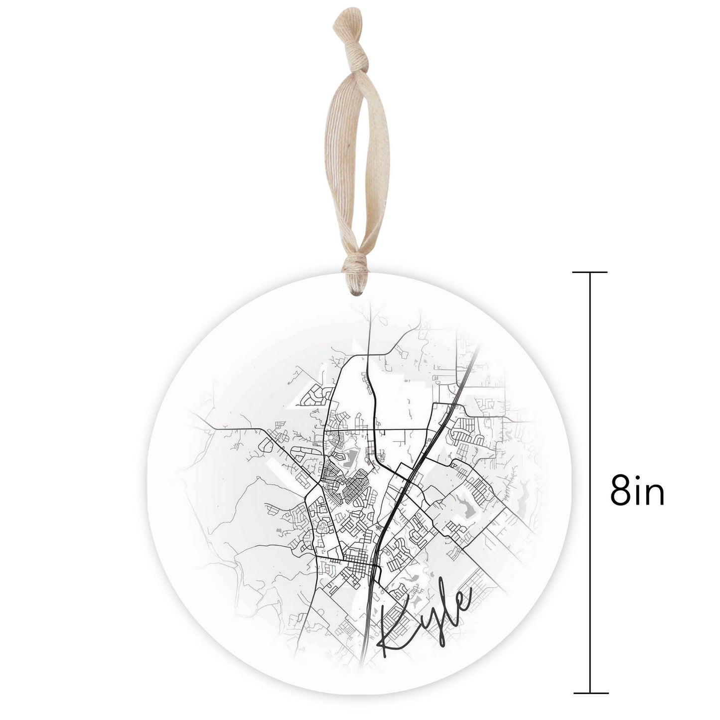 Minimalistic B&W Texas Kyle Circle Map | Wood Ornament | Eaches | Min 1