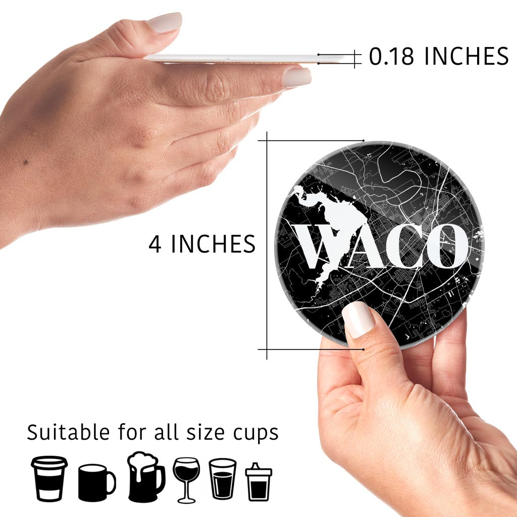 Minimalistic B&W Texas Waco Map | Hi-Def Glass Coasters | Set of 4 | Min 2