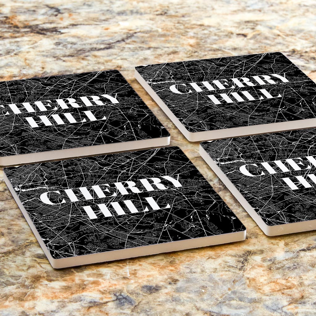 Minimalistic B&W New Jersey Cherry Hill Map | Absorbent Coasters | Set of 4 | Min 2