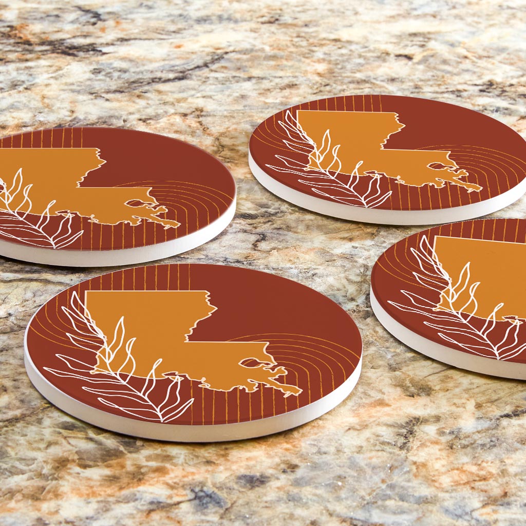 Modern Minimalist Louisiana State Shape With Leaf | Absorbent Coasters | Set of 4 | Min 2