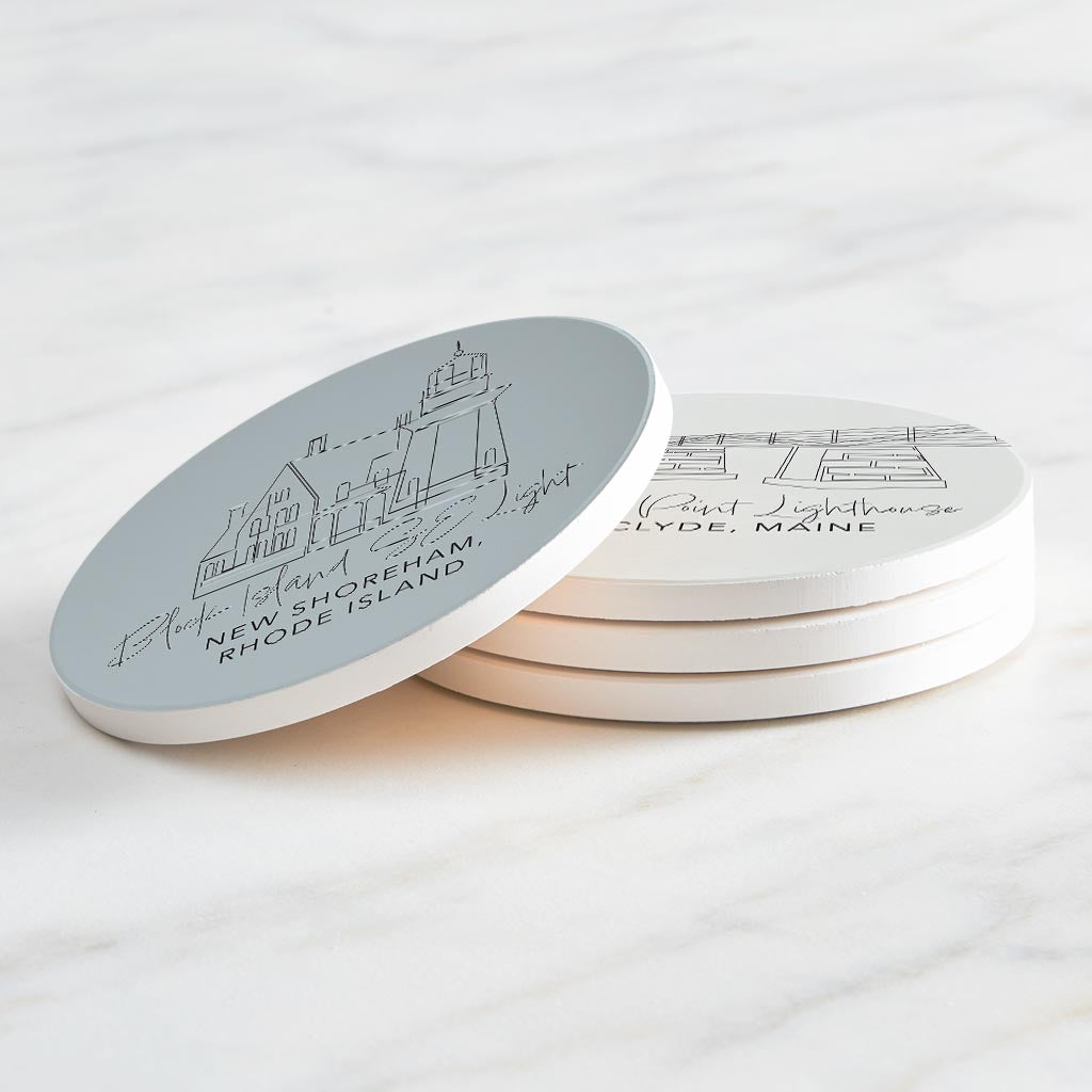 New England Lighthouses Muted Coastal | Absorbent Coasters | Set of 4 | Min 2