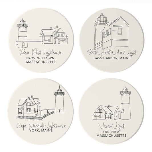 New England Lighthouses Cream Colored | Absorbent Coasters | Set of 4 | Min 2