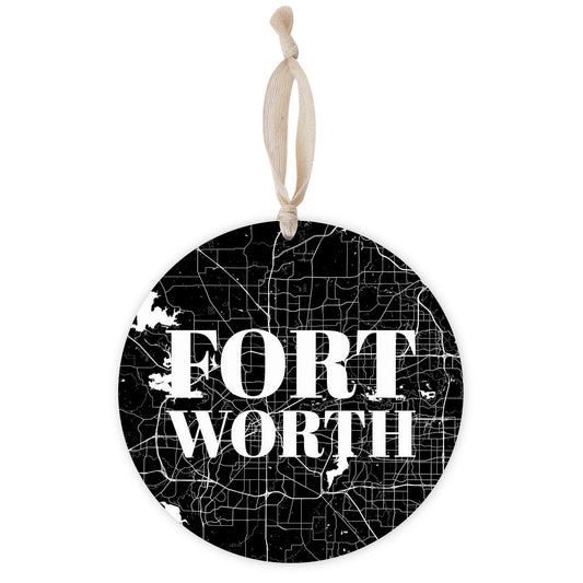 Minimalistic B&W Texas Fort Worth Map | Wood Ornament | Eaches | Min 1