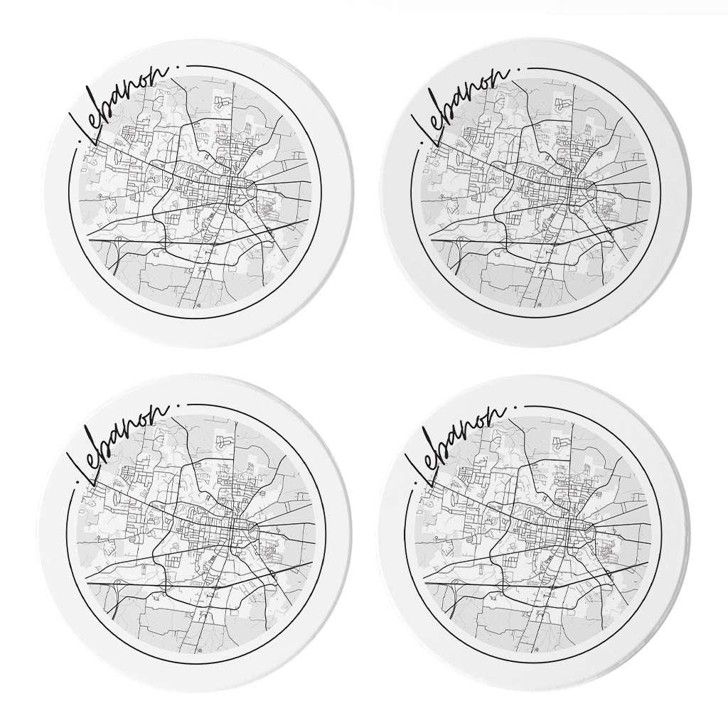 Minimalist B&W Tennessee Lebanon Circle Map | Absorbent Coasters | Set of 4 | Min 2