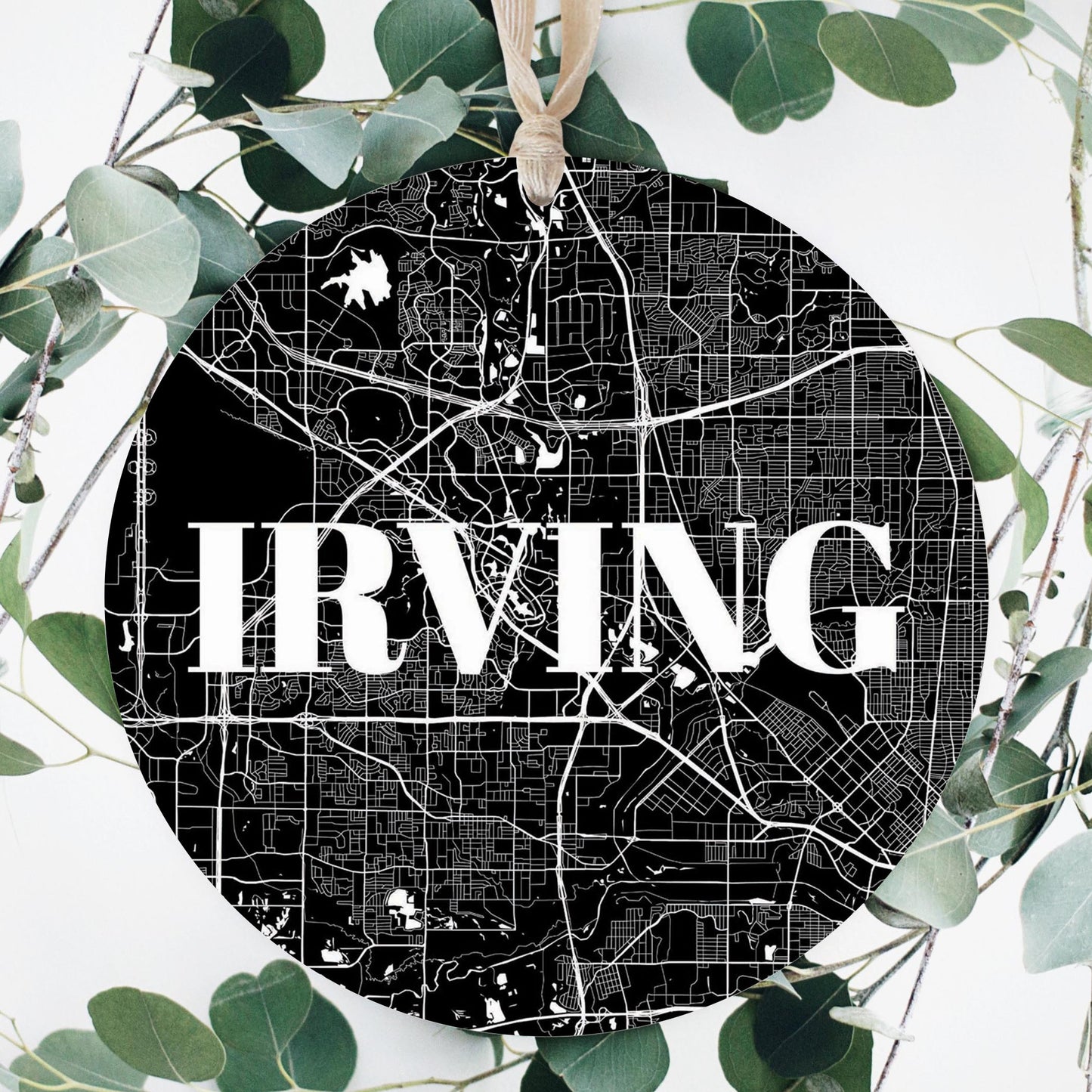 Minimalistic B&W Texas Irving Map | Wood Ornament | Eaches | Min 1