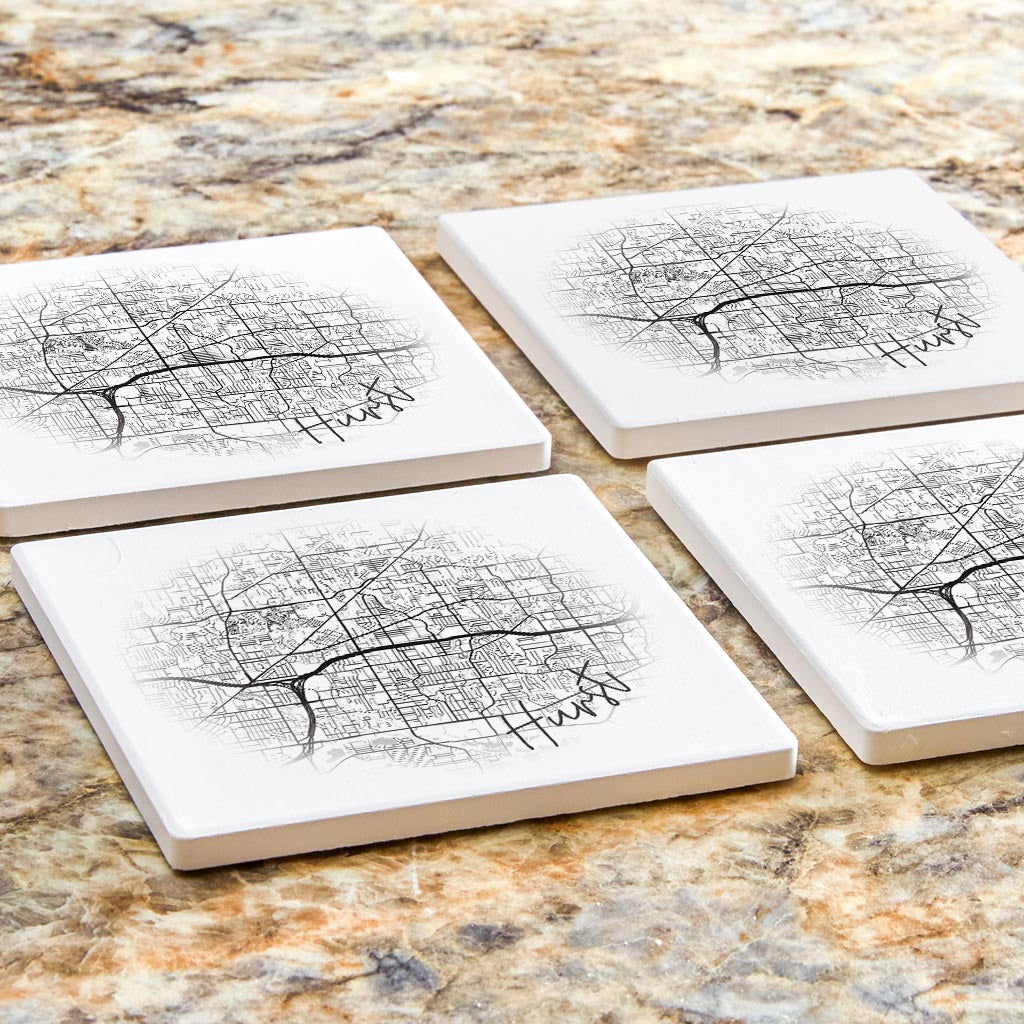 Minimalistic B&W Texas Hurst Circle Map | Absorbent Coasters | Set of 4 | Min 2