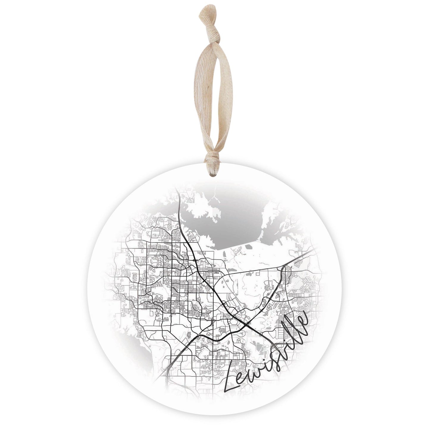 Minimalistic B&W Texas Lewisville Circle Map | Wood Ornament | Eaches | Min 1